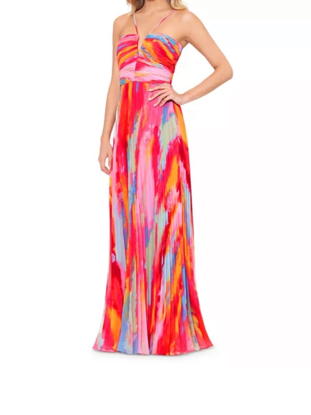 AQUA XSCAPE Pleated Gown - Spaghetti Strap, Vibrant Multicolor Maxi Dress